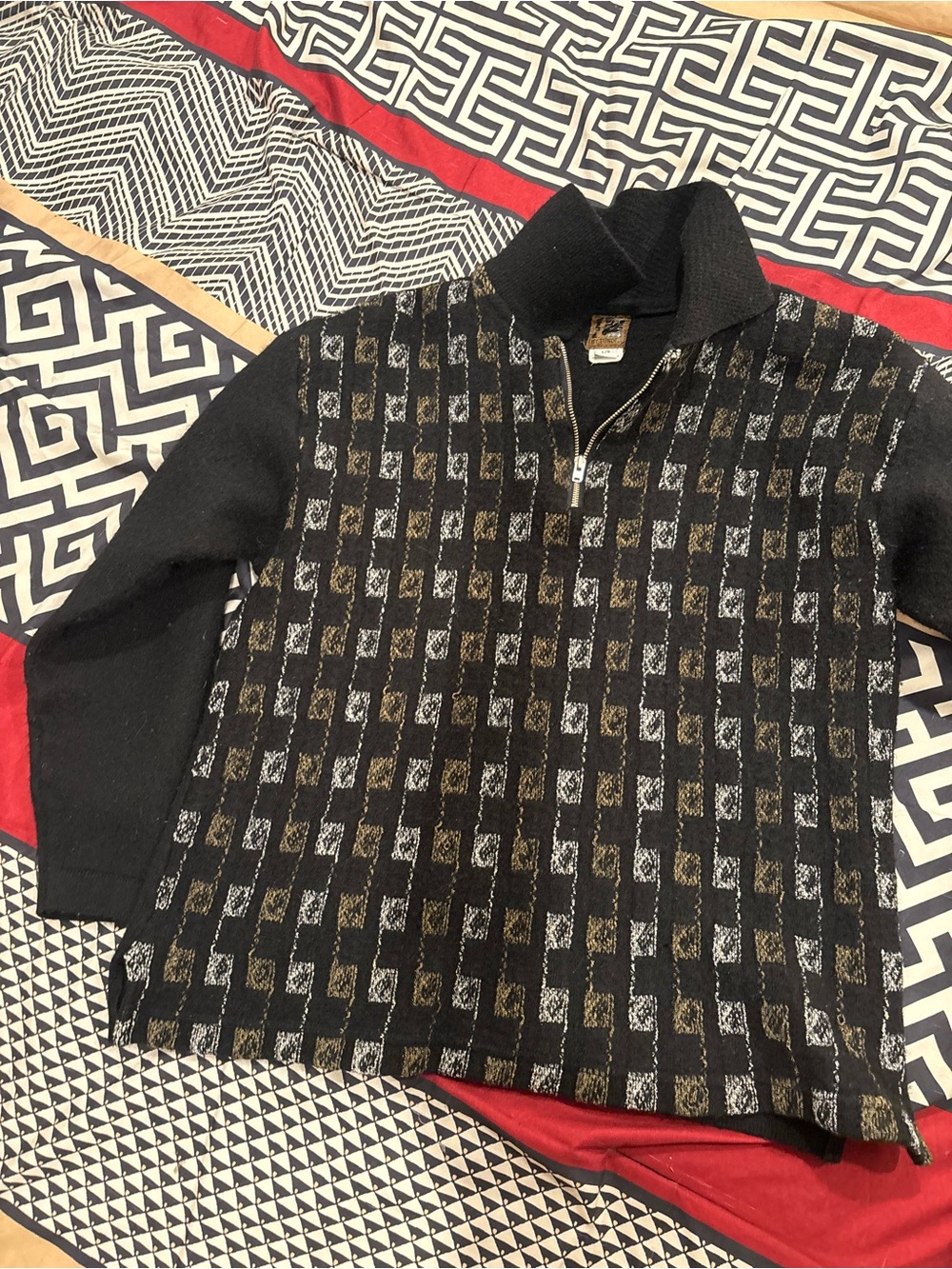 Tundra Black Zip-Up Sweater with Gray and Brown Checker Pattern